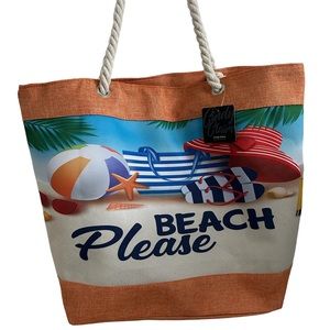 NWT Cindy Claire Beach Bag Tote “Beach Please”Braided Rope Handle Zipper